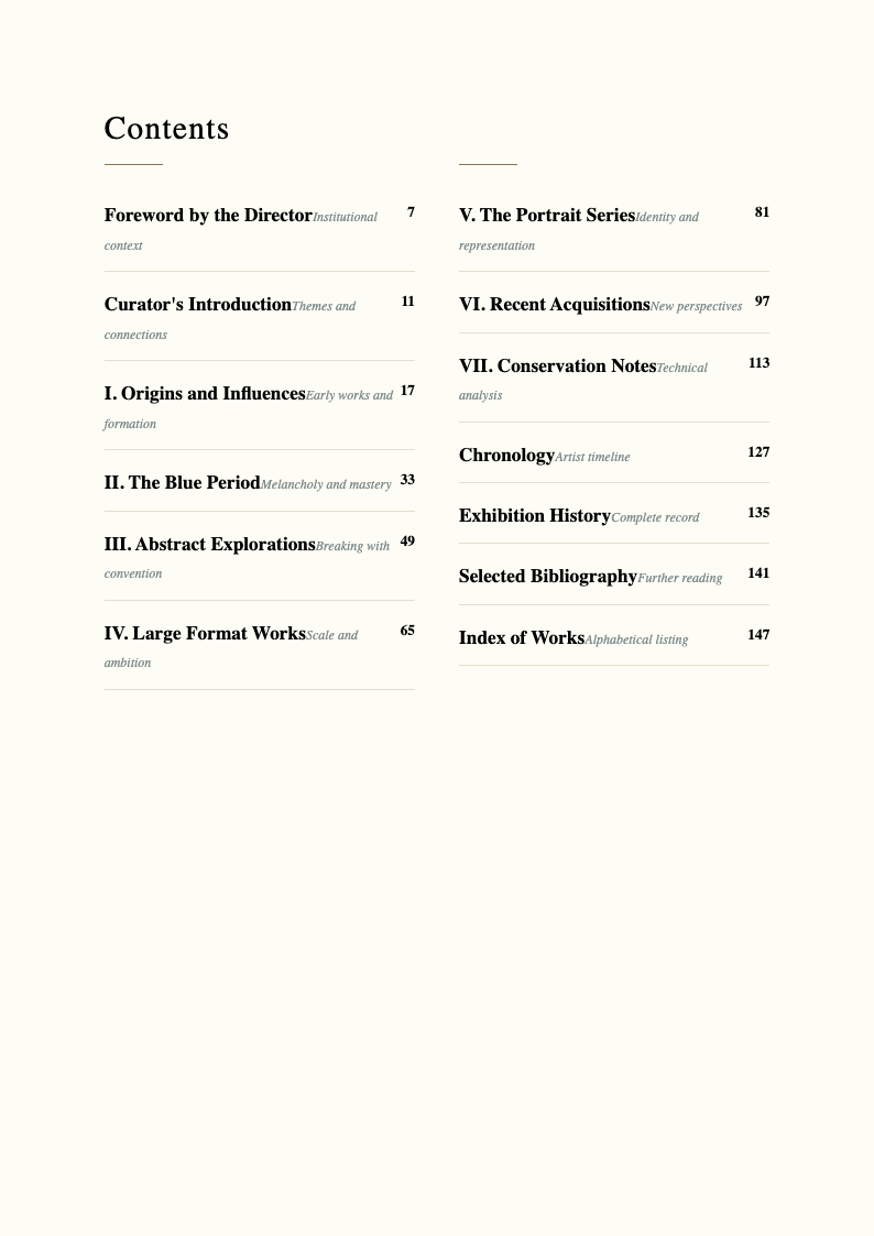 Gallery catalog book table of contents